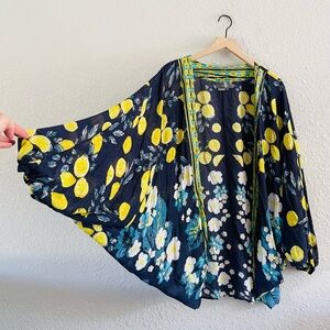 Anthropologie Navy and Yellow Floral Kimono